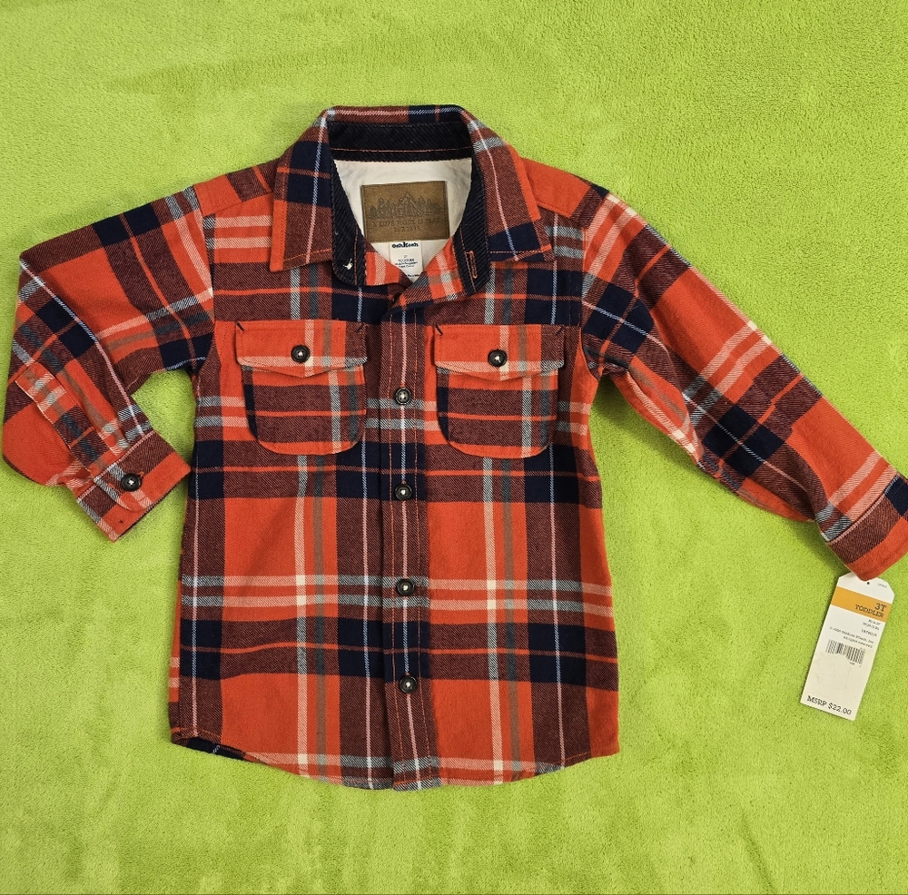 NWT  3T boys -  Oshkosh 100% COTTON  FLANNEL LS SHIRT red-orange blue plaid (Q4)